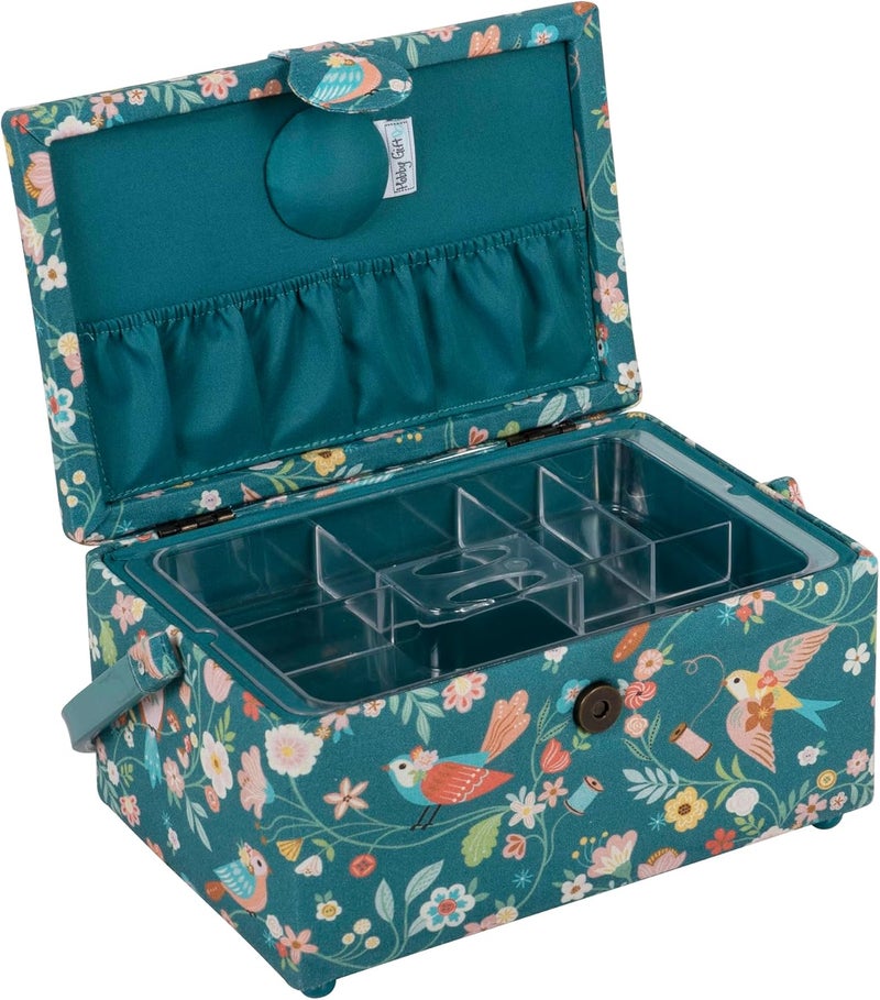 Hobby Gift Medium Sewing Box - Craft & Hobby Storage, Accessories Tray Pin Cushion Pocket PVC Handle Embroidered Lid, 9.6 x 7 x 5.7 - Bird Aviary - Image 3